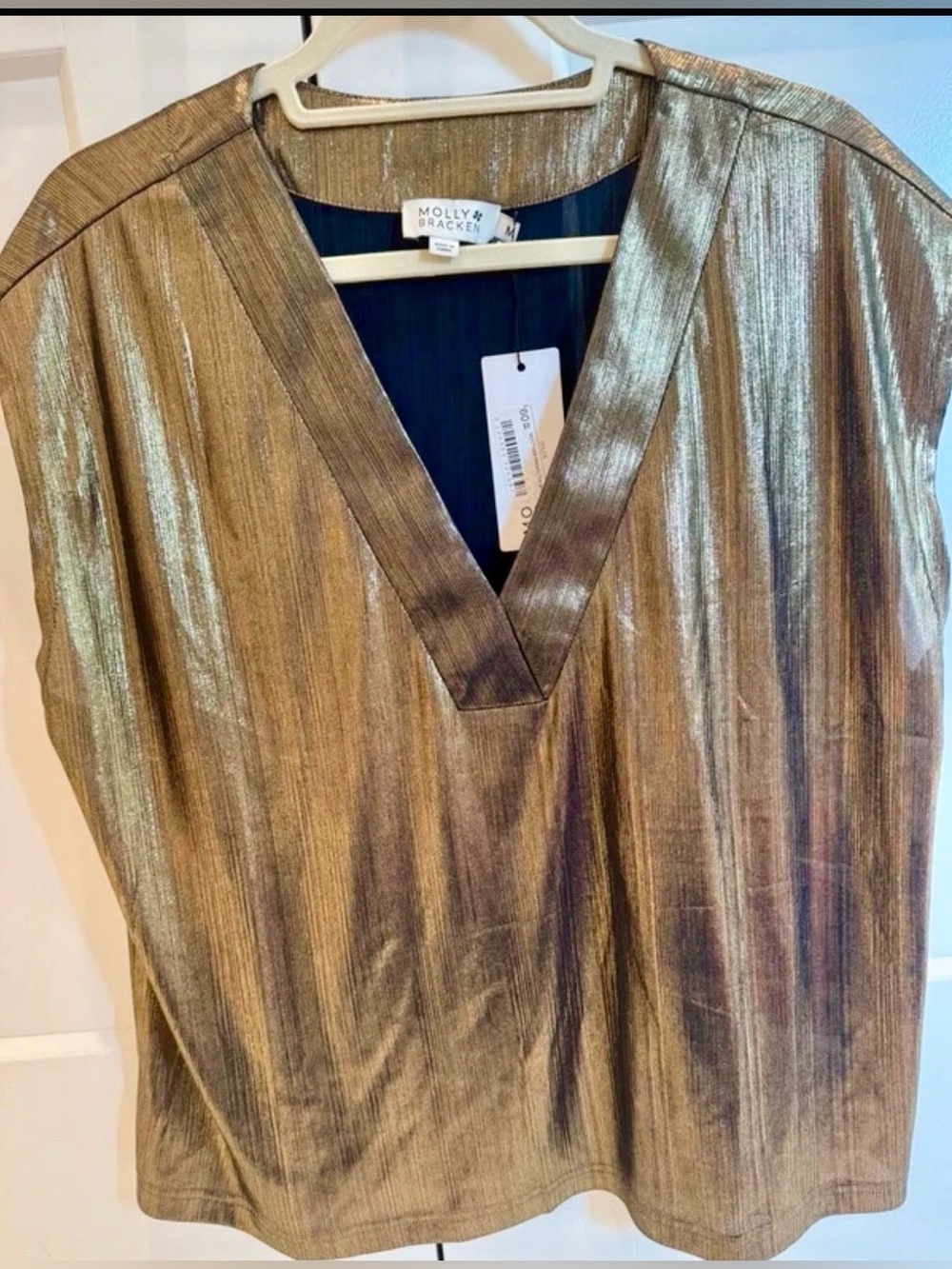 Molly Bracken Shimmery Gold V-Neck Blouse